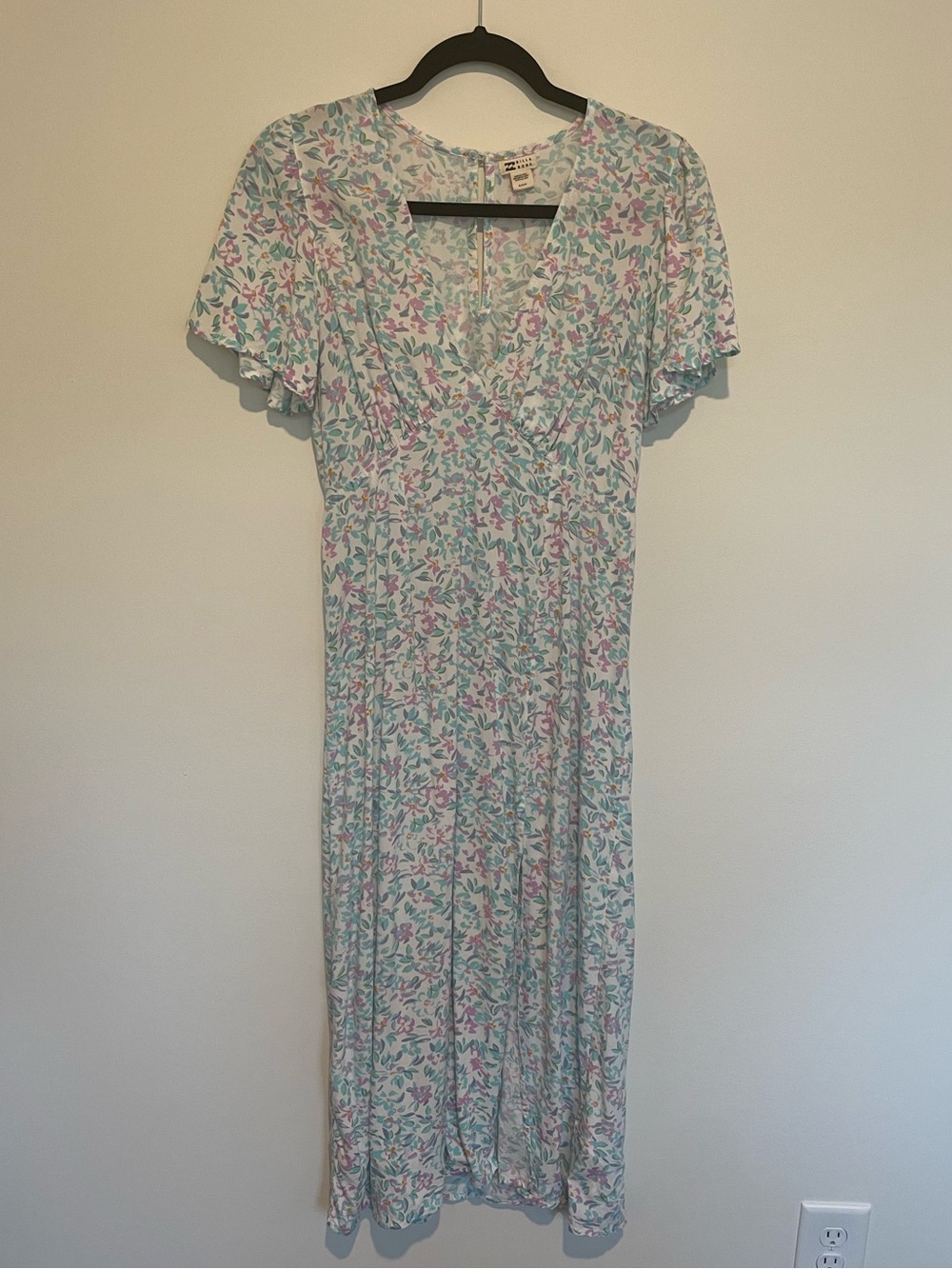 Billabong Pale Blue Floral Midi Dress with Purple & Green Print Size M